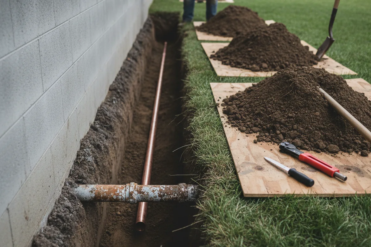 Excavated water line trench during Sewer Line Repair in Cherry